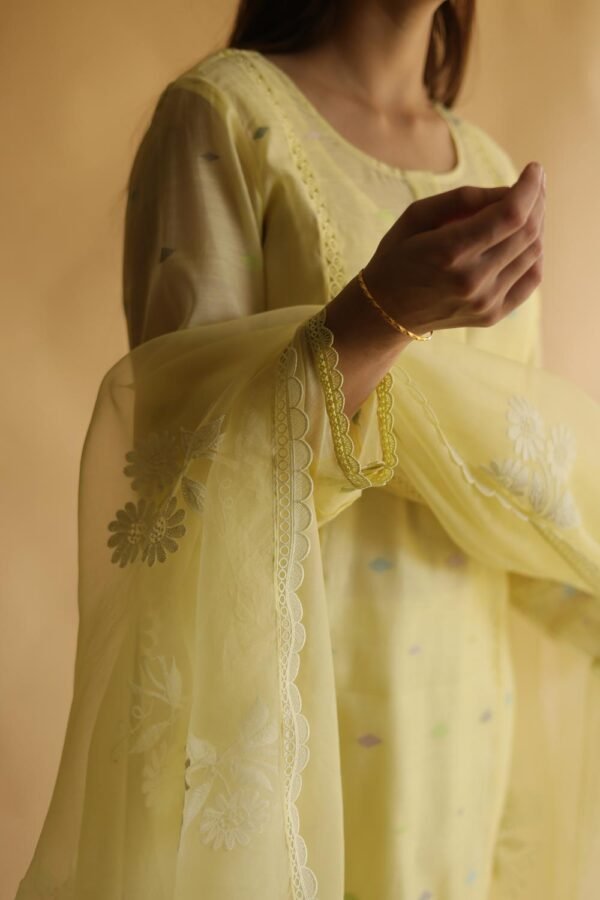 Lemon Yellow Jamdani X Chikankari Ready To Wear Kurta Dupatta Set - Image 4