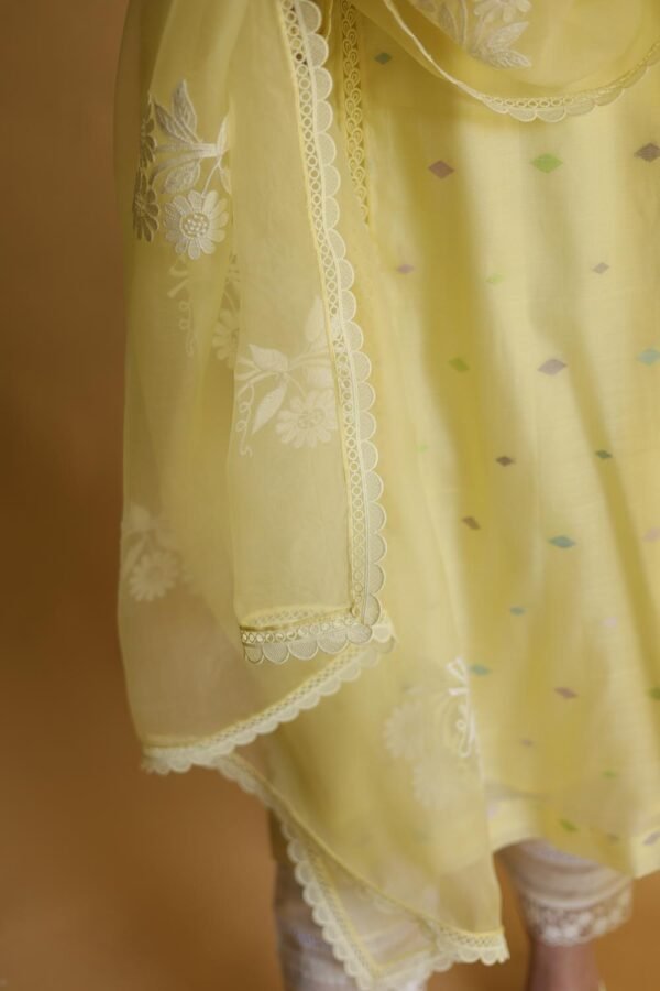 Lemon Yellow Jamdani X Chikankari Ready To Wear Kurta Dupatta Set - Image 6