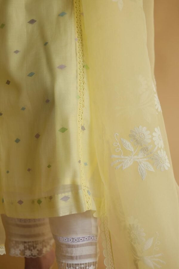 Lemon Yellow Jamdani X Chikankari Ready To Wear Kurta Dupatta Set - Image 7