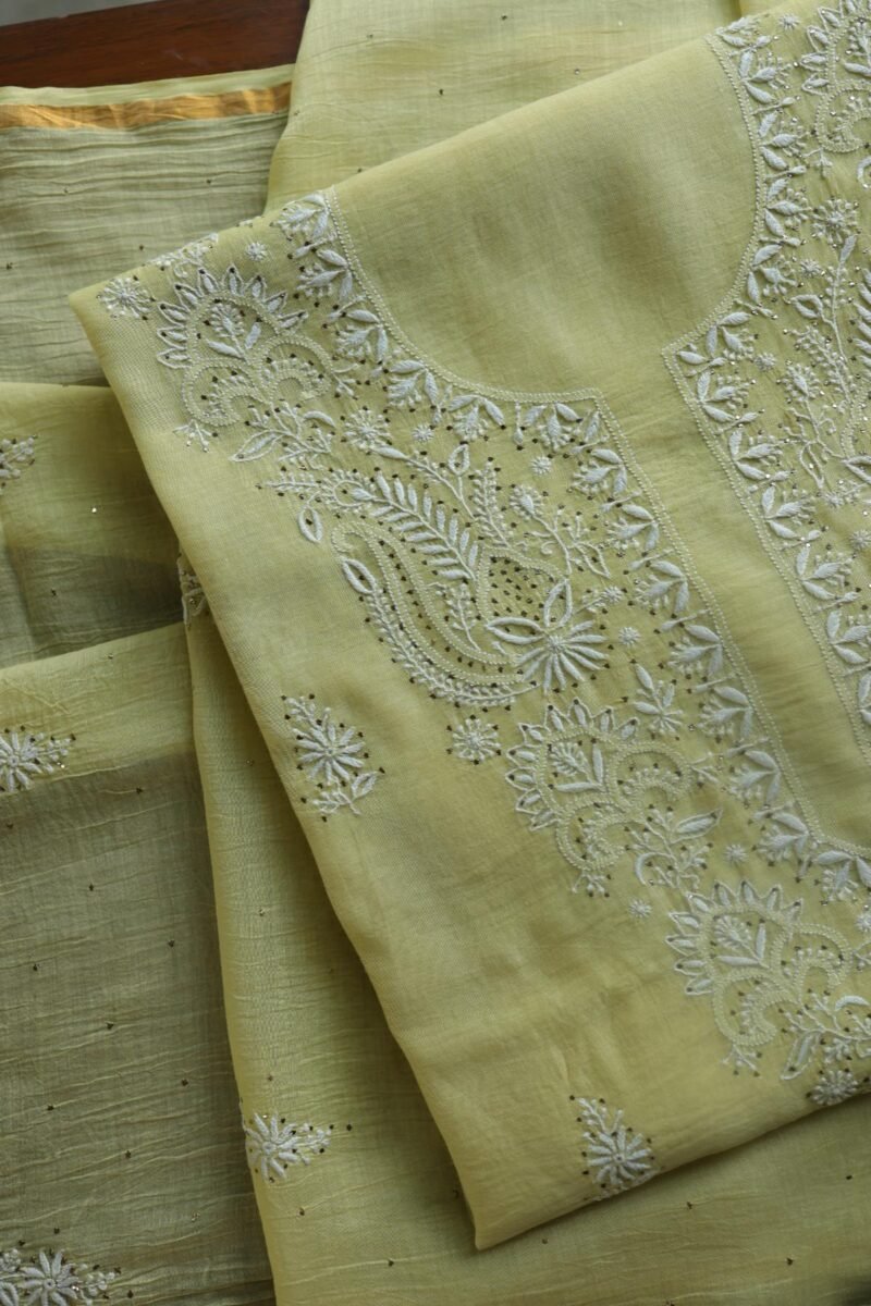Lemon Yellow Mal Cotton Chikankari Unstitched Kurta Dupatta Fabrics With Kamdani