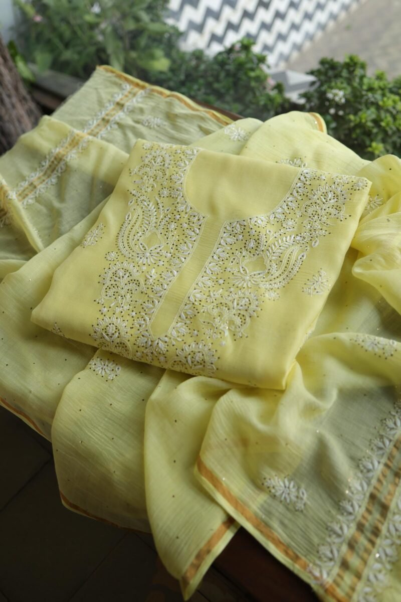 Lemon Yellow Mal Cotton Chikankari Unstitched Kurta Dupatta Fabrics With Kamdani