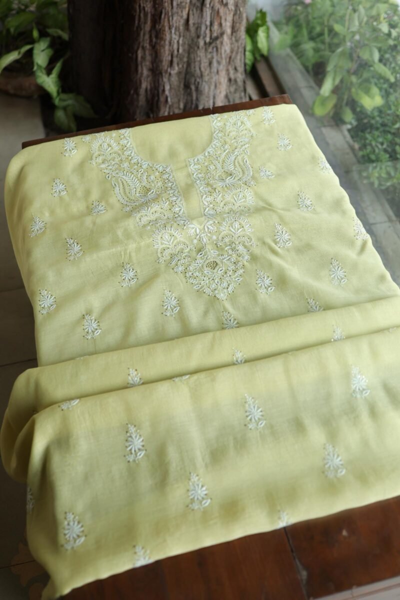 Lemon Yellow Mal Cotton Chikankari Unstitched Kurta Dupatta Fabrics With Kamdani