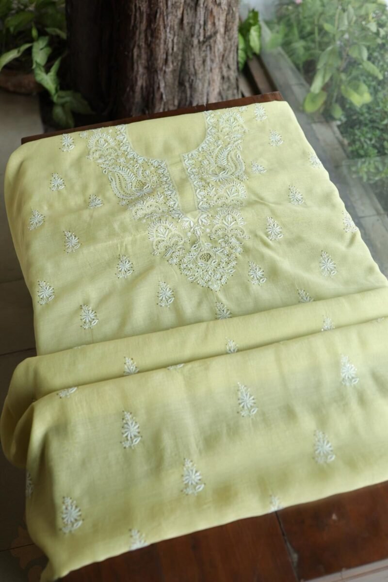 Lemon Yellow Mal Cotton Chikankari Unstitched Kurta Dupatta Fabrics With Kamdani