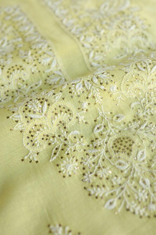 Lemon Yellow Mal Cotton Chikankari Unstitched Kurta Dupatta Fabrics With Kamdani - Image 8