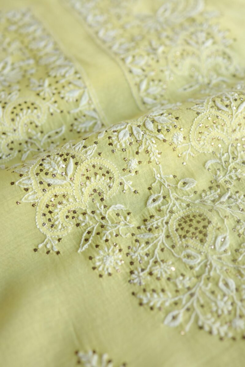 Lemon Yellow Mal Cotton Chikankari Unstitched Kurta Dupatta Fabrics With Kamdani
