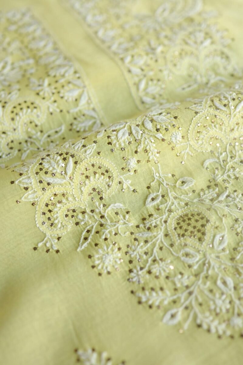 Lemon Yellow Mal Cotton Chikankari Unstitched Kurta Dupatta Fabrics With Kamdani