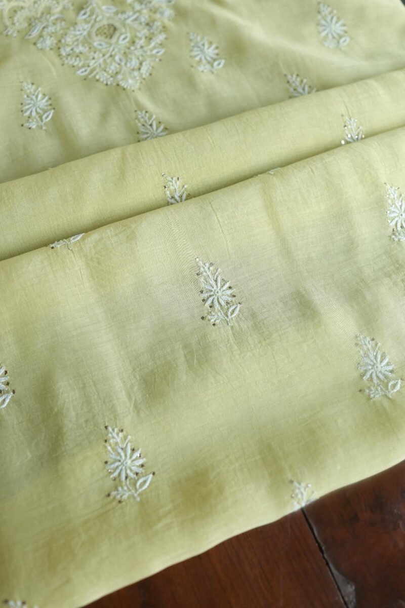 Lemon Yellow Mal Cotton Chikankari Unstitched Kurta Dupatta Fabrics With Kamdani