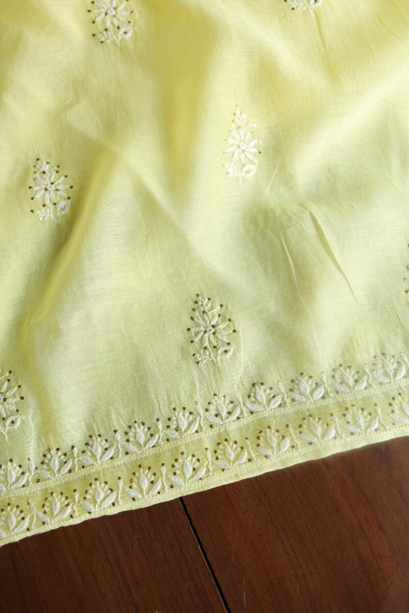 Lemon Yellow Mal Cotton Chikankari Unstitched Kurta Dupatta Fabrics With Kamdani