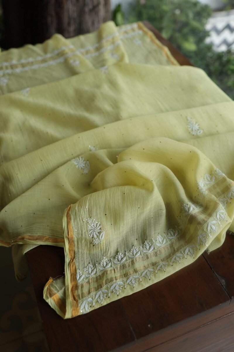 Lemon Yellow Mal Cotton Chikankari Unstitched Kurta Dupatta Fabrics With Kamdani