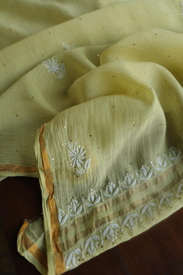 Lemon Yellow Mal Cotton Chikankari Unstitched Kurta Dupatta Fabrics With Kamdani - Image 14