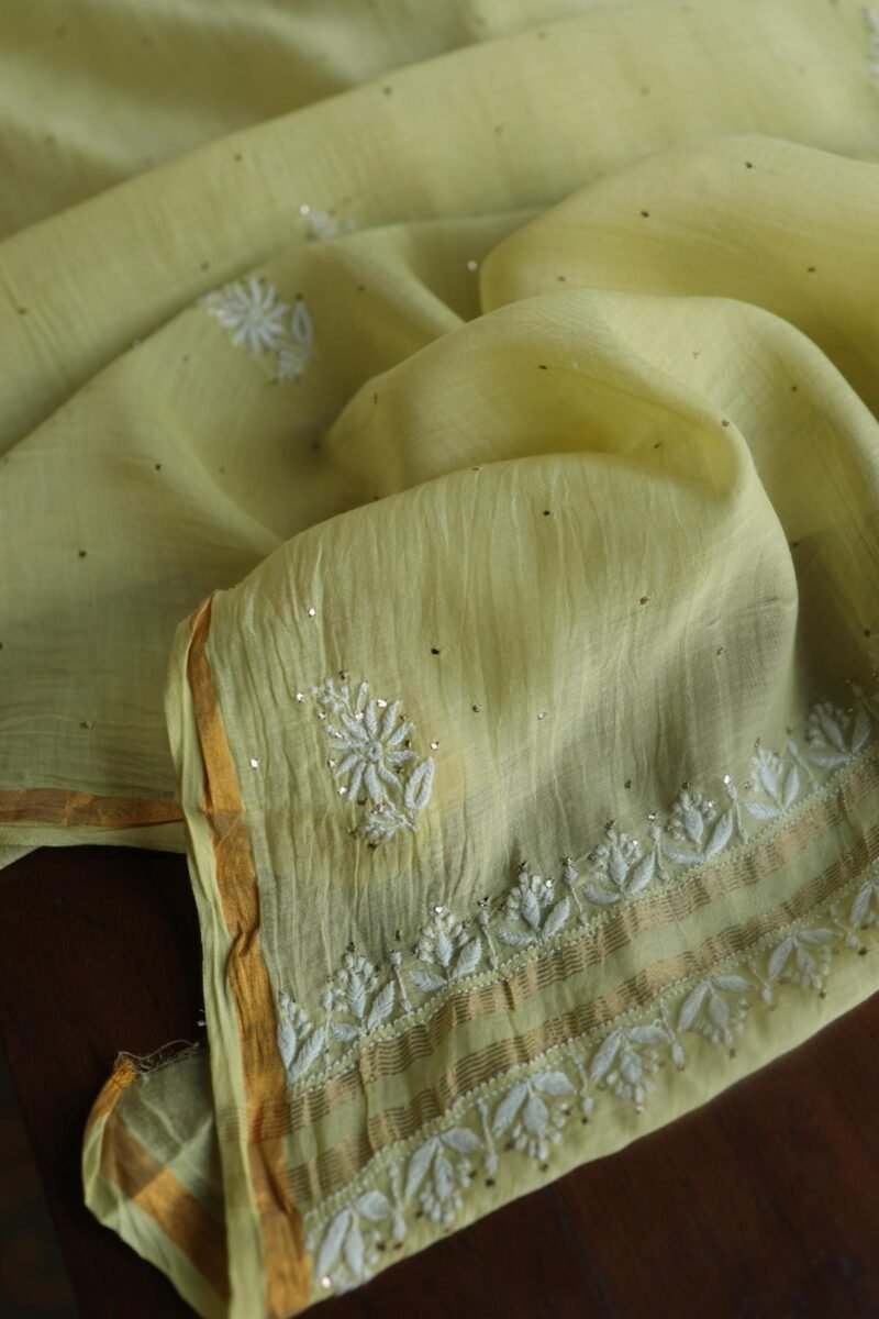 Lemon Yellow Mal Cotton Chikankari Unstitched Kurta Dupatta Fabrics With Kamdani