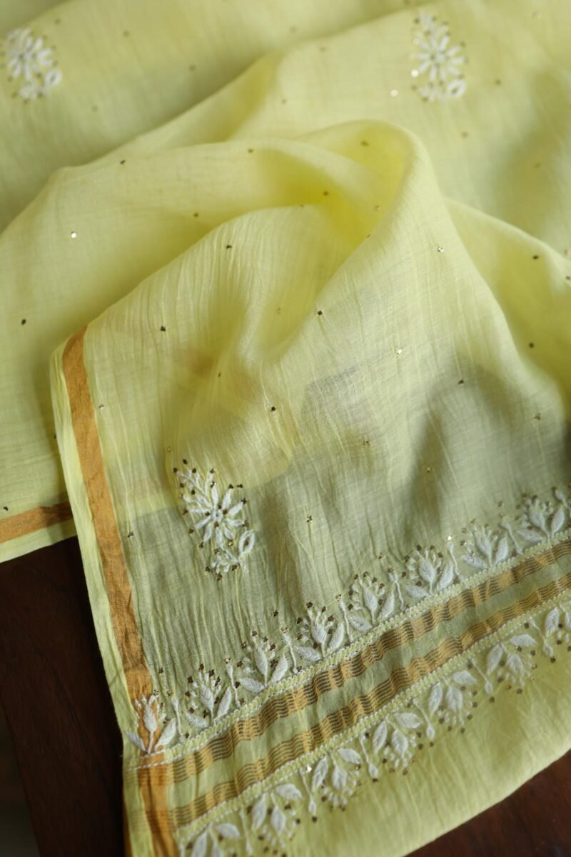 Lemon Yellow Mal Cotton Chikankari Unstitched Kurta Dupatta Fabrics With Kamdani