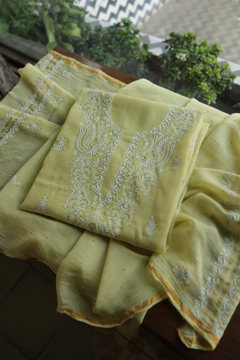 Lemon Yellow Mal Cotton Chikankari Unstitched Kurta Dupatta Fabrics With Kamdani