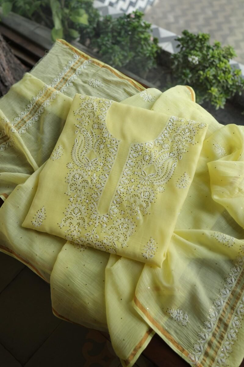 Lemon Yellow Mal Cotton Chikankari Unstitched Kurta Dupatta Fabrics With Kamdani