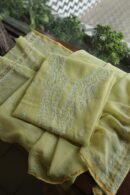 Lemon Yellow Mal Cotton Chikankari Unstitched Kurta Dupatta Fabrics With Kamdani