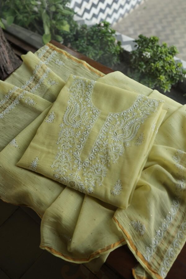 Lemon Yellow Mal Cotton Chikankari Unstitched Kurta Dupatta Fabrics With Kamdani - Image 16