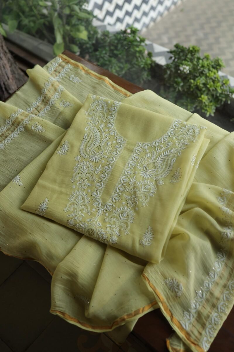 Lemon Yellow Mal Cotton Chikankari Unstitched Kurta Dupatta Fabrics With Kamdani