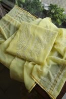 Lemon Yellow Mal Cotton Chikankari Unstitched Kurta Dupatta Fabrics With Kamdani