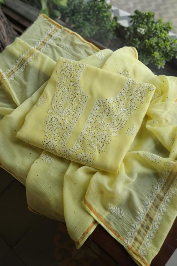 Lemon Yellow Mal Cotton Chikankari Unstitched Kurta Dupatta Fabrics With Kamdani - Image 11