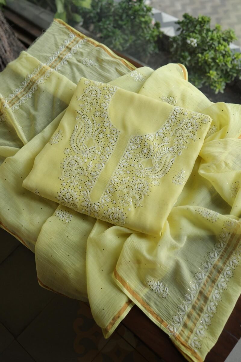 Lemon Yellow Mal Cotton Chikankari Unstitched Kurta Dupatta Fabrics With Kamdani