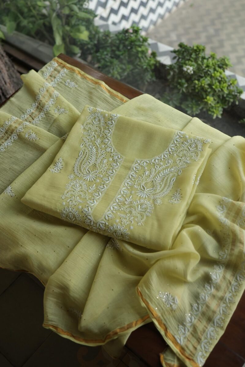 Lemon Yellow Mal Cotton Chikankari Unstitched Kurta Dupatta Fabrics With Kamdani