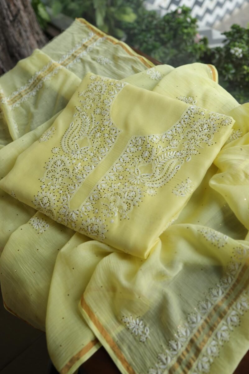 Lemon Yellow Mal Cotton Chikankari Unstitched Kurta Dupatta Fabrics With Kamdani