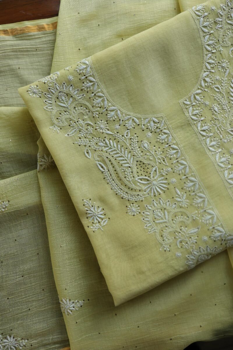 Lemon Yellow Mal Cotton Chikankari Unstitched Kurta Dupatta Fabrics With Kamdani