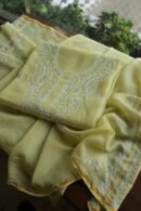 Lemon Yellow Mal Cotton Chikankari Unstitched Kurta Dupatta Fabrics With Kamdani