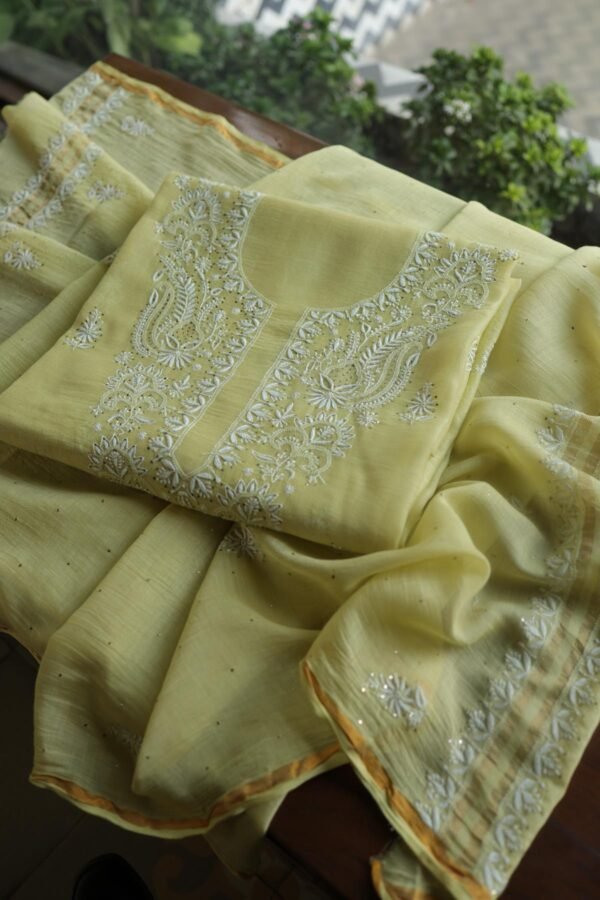 Lemon Yellow Mal Cotton Chikankari Unstitched Kurta Dupatta Fabrics With Kamdani - Image 10