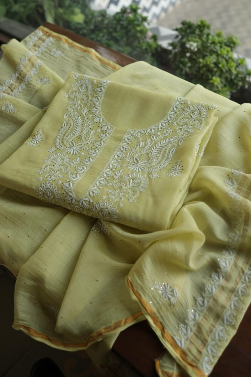 Lemon Yellow Mal Cotton Chikankari Unstitched Kurta Dupatta Fabrics With Kamdani