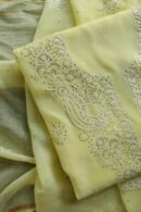 Lemon Yellow Mal Cotton Chikankari Unstitched Kurta Dupatta Fabrics With Kamdani