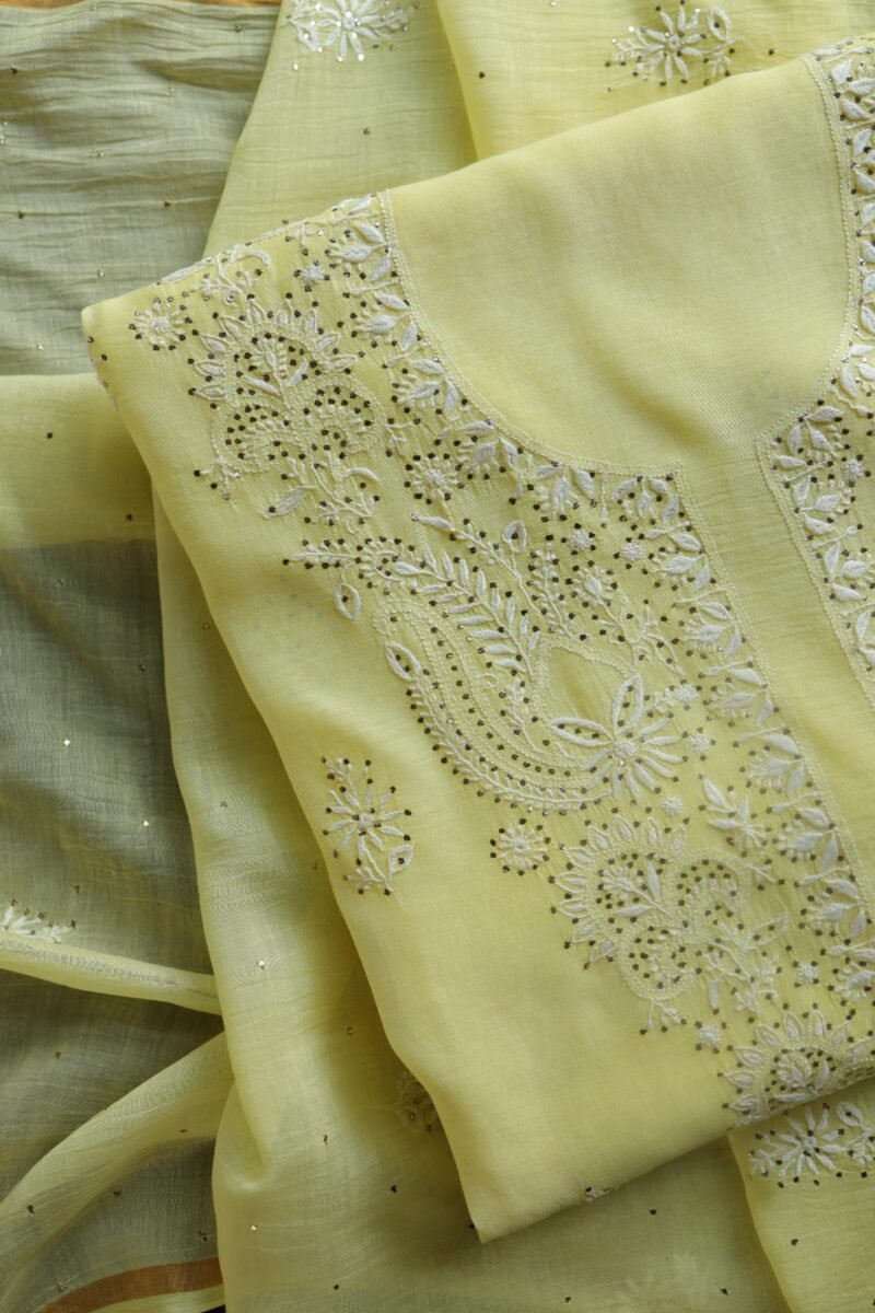 Lemon Yellow Mal Cotton Chikankari Unstitched Kurta Dupatta Fabrics With Kamdani