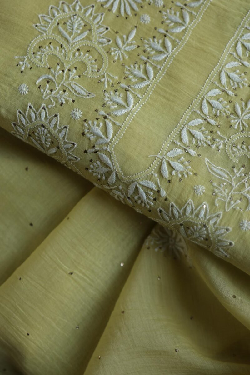 Lemon Yellow Mal Cotton Chikankari Unstitched Kurta Dupatta Fabrics With Kamdani