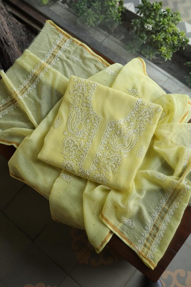 Lemon Yellow Mal Cotton Chikankari Unstitched Kurta Dupatta Fabrics With Kamdani