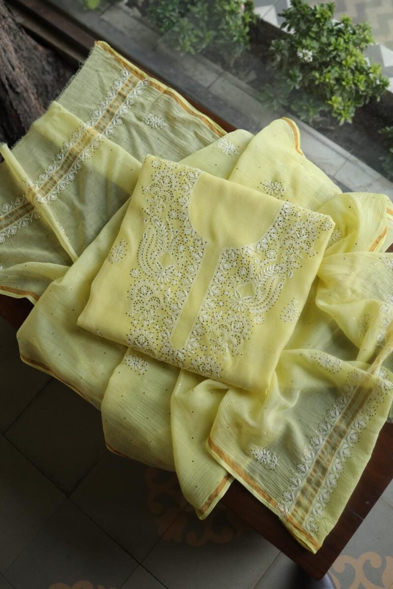Lemon Yellow Mal Cotton Chikankari Unstitched Kurta Dupatta Fabrics With Kamdani