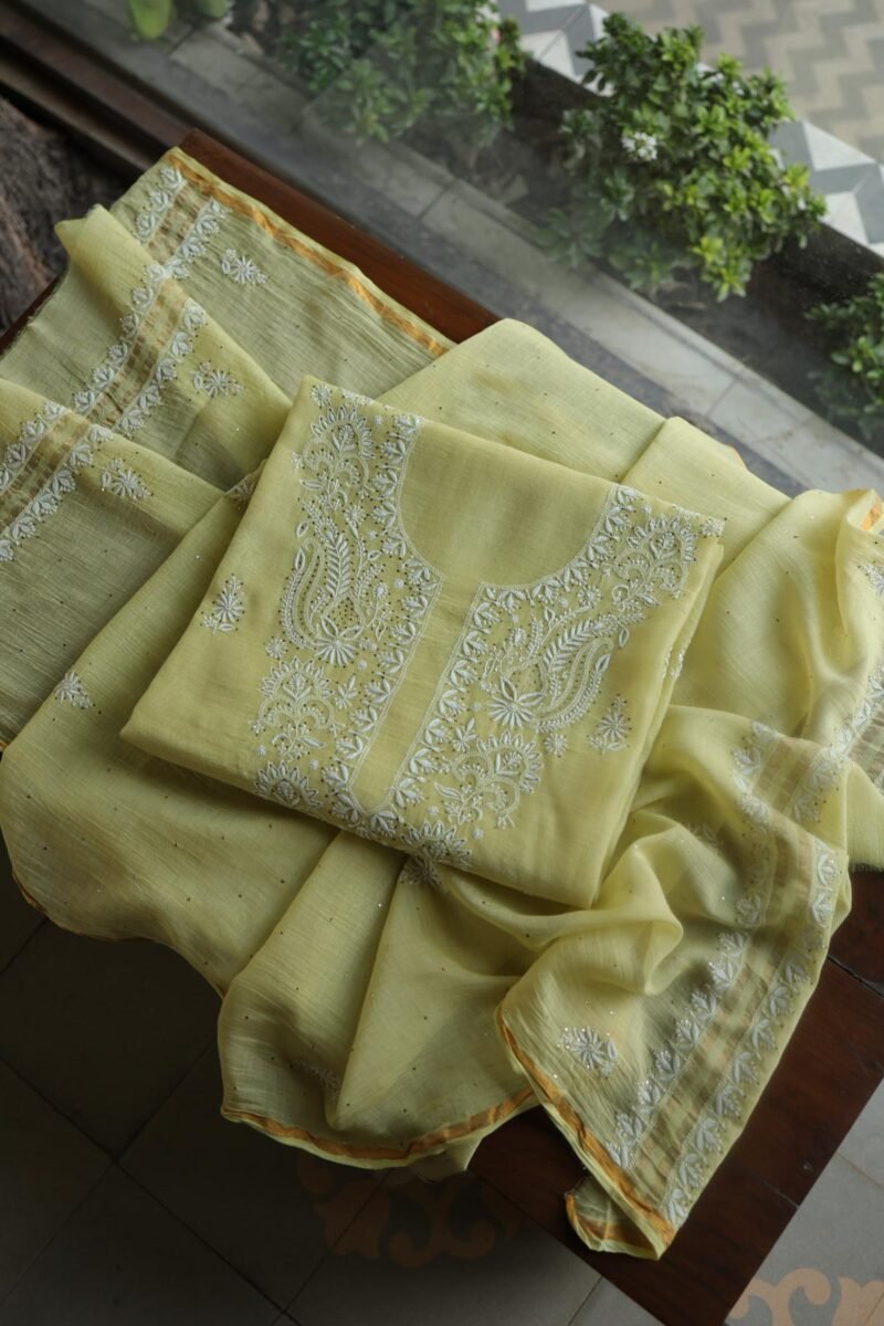 Lemon Yellow Mal Cotton Chikankari Unstitched Kurta Dupatta Fabrics With Kamdani