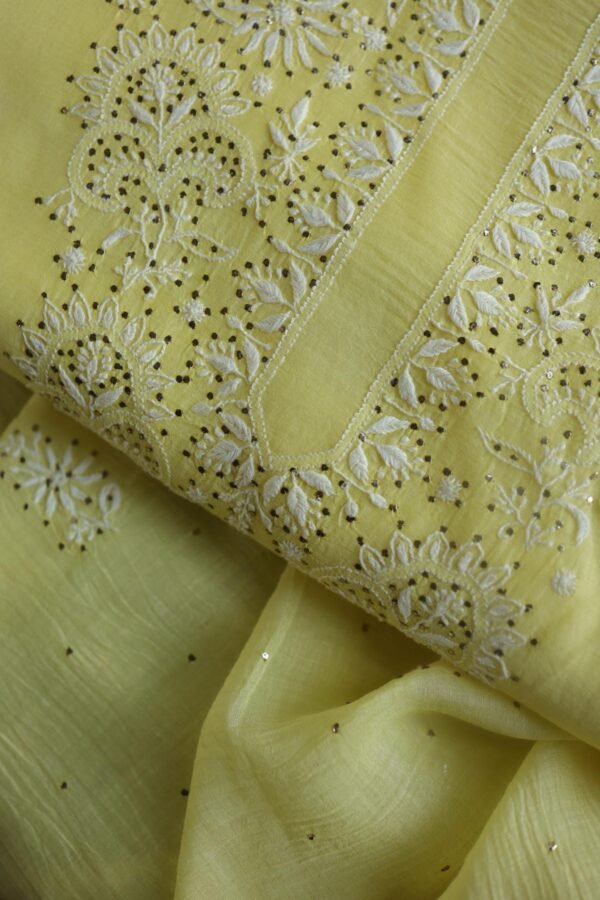 Lemon Yellow Mal Cotton Chikankari Unstitched Kurta Dupatta Fabrics With Kamdani - Image 2
