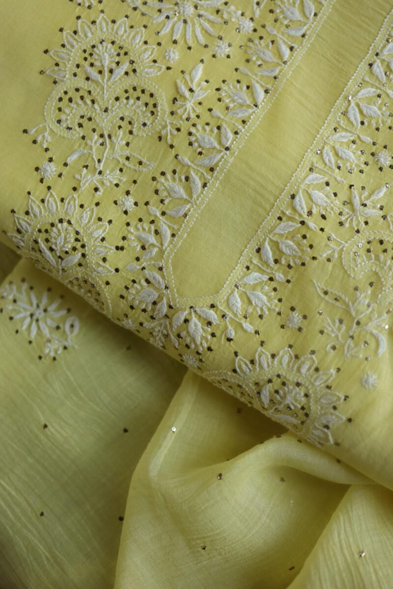 Lemon Yellow Mal Cotton Chikankari Unstitched Kurta Dupatta Fabrics With Kamdani