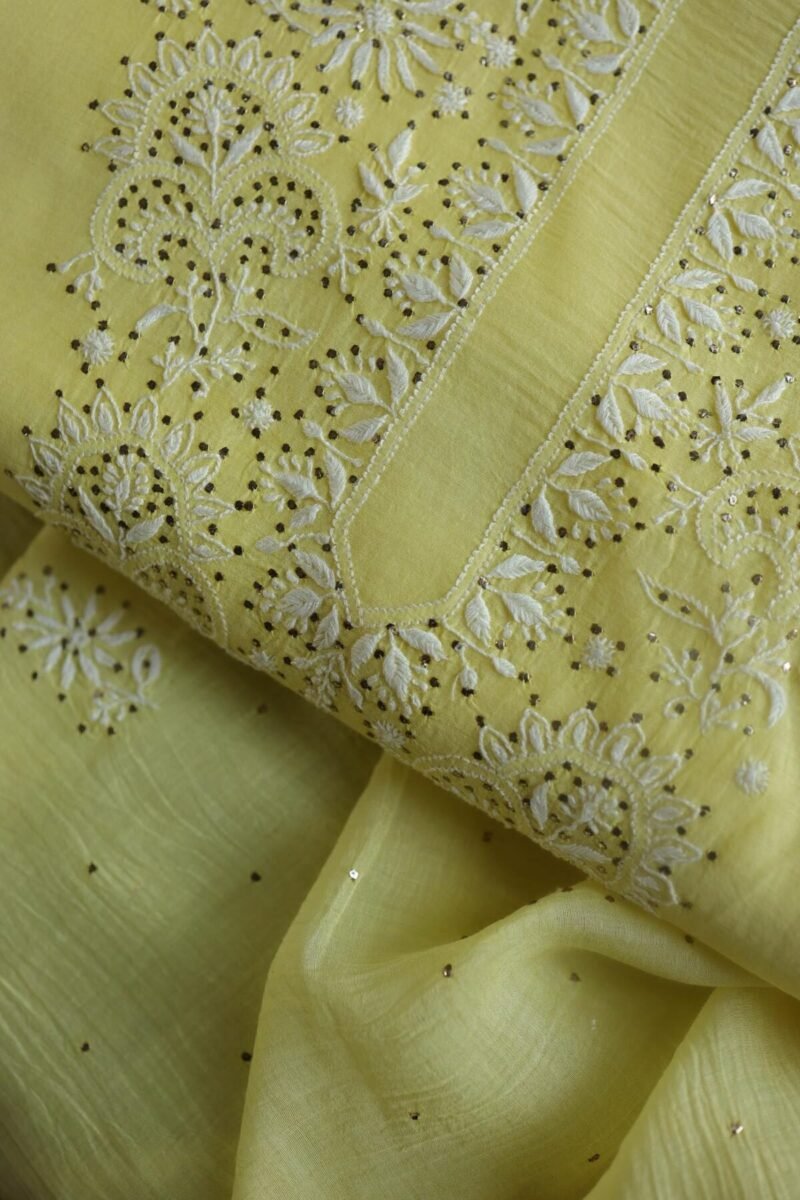 Lemon Yellow Mal Cotton Chikankari Unstitched Kurta Dupatta Fabrics With Kamdani