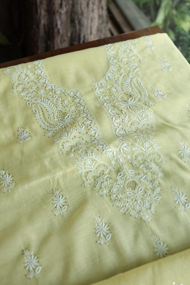 Lemon Yellow Mal Cotton Chikankari Unstitched Kurta Dupatta Fabrics With Kamdani