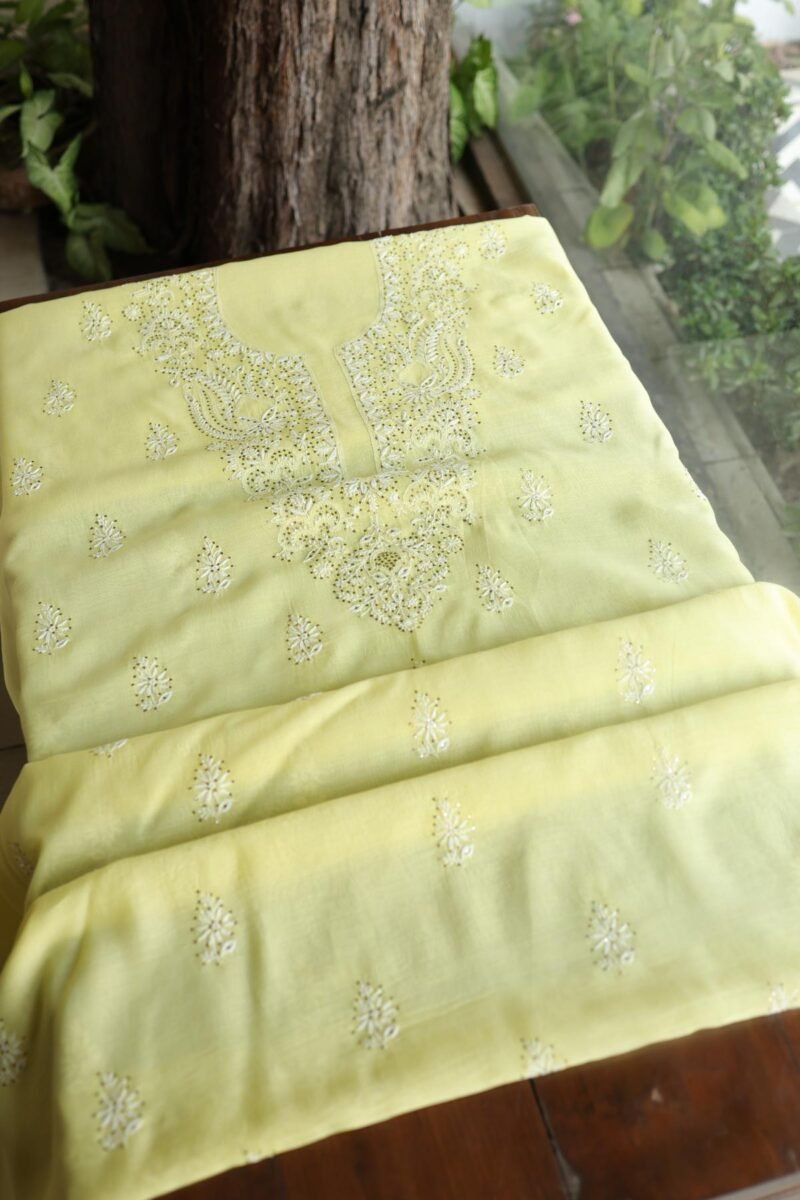 Lemon Yellow Mal Cotton Chikankari Unstitched Kurta Dupatta Fabrics With Kamdani