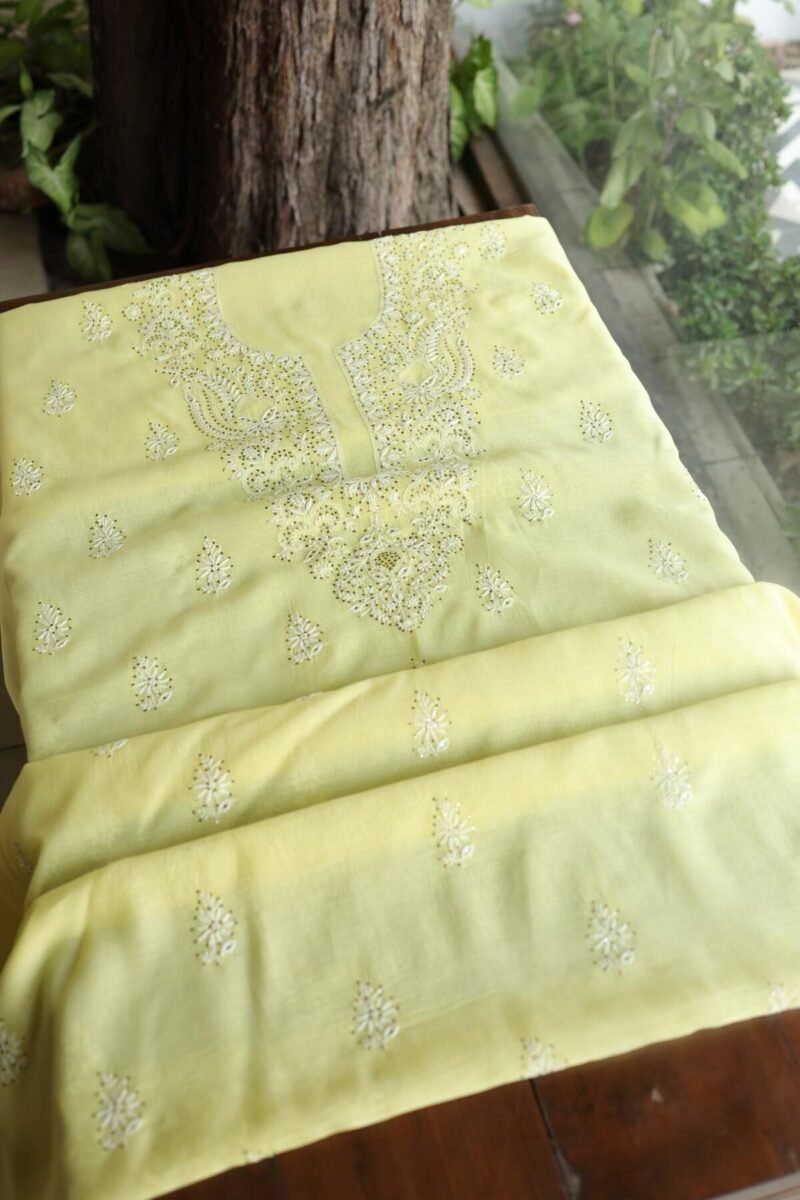 Lemon Yellow Mal Cotton Chikankari Unstitched Kurta Dupatta Fabrics With Kamdani