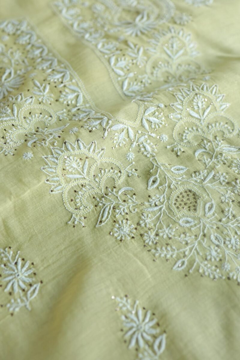 Lemon Yellow Mal Cotton Chikankari Unstitched Kurta Dupatta Fabrics With Kamdani