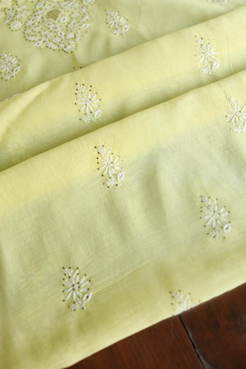 Lemon Yellow Mal Cotton Chikankari Unstitched Kurta Dupatta Fabrics With Kamdani