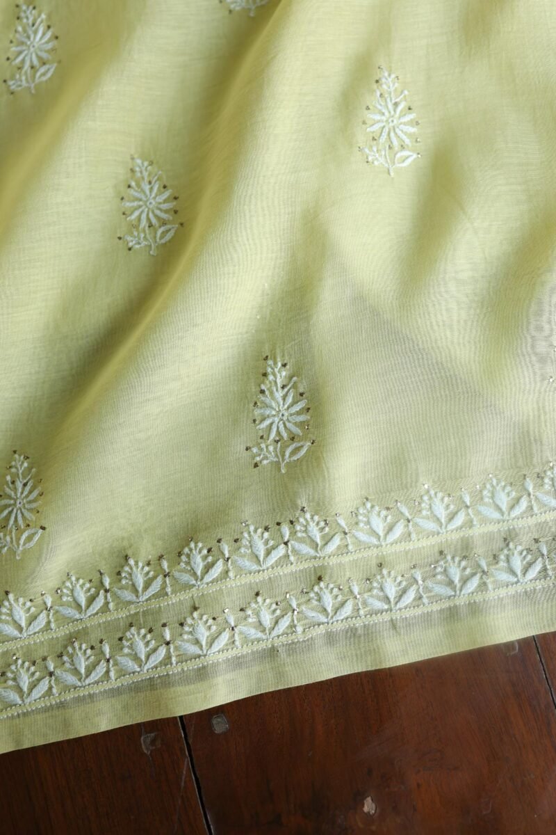 Lemon Yellow Mal Cotton Chikankari Unstitched Kurta Dupatta Fabrics With Kamdani