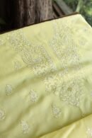 Lemon Yellow Mal Cotton Chikankari Unstitched Kurta Dupatta Fabrics With Kamdani