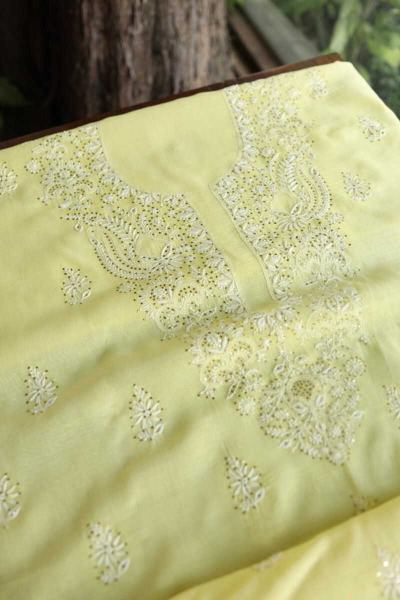 Lemon Yellow Mal Cotton Chikankari Unstitched Kurta Dupatta Fabrics With Kamdani