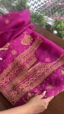 Magenta Noor Organza Silk Chikankari Unstitched Kurta Dupatta Set