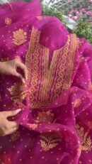 Magenta Noor Organza Silk Chikankari Unstitched Kurta Dupatta Set