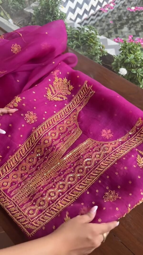 Magenta Noor Organza Silk Chikankari Unstitched Kurta Dupatta Set - Image 3